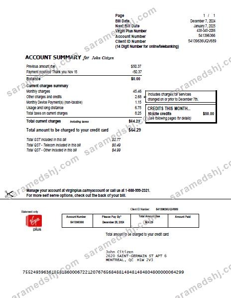 Canada Virgin Plus utility bill template in Word and PDF formats